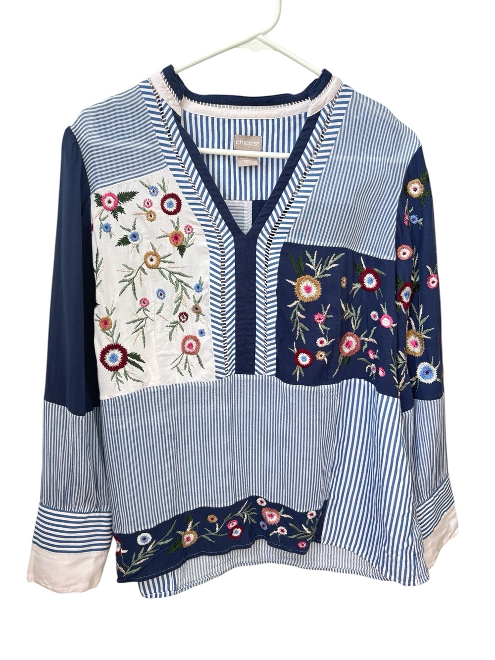 Chico’s Embroidered Floral Stripe Tunic Top Women’s 12/14 Blue Patchwork Boho